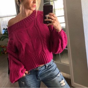 Fuchsia Chunky Cable Knit Sweater Cropped